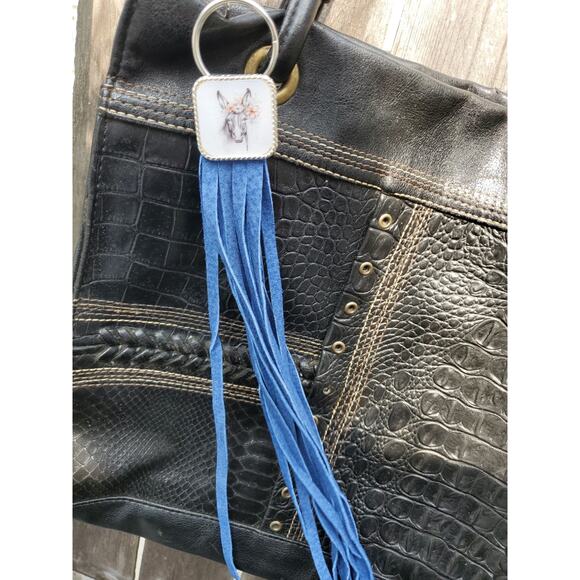 Handmade mule lover boho Leather Fringe Western bag charm, Long fringe keychain - Picture 3 of 5